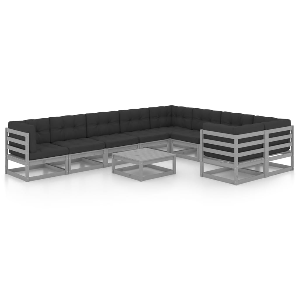 10-tlg. Garten-Lounge-Set mit Kissen Grau Kiefer Massivholz
